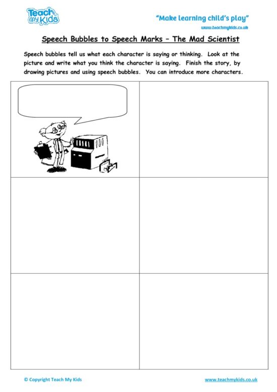 Worksheets for kids - speech-bubbles-to-speech-marks-mad-scientist